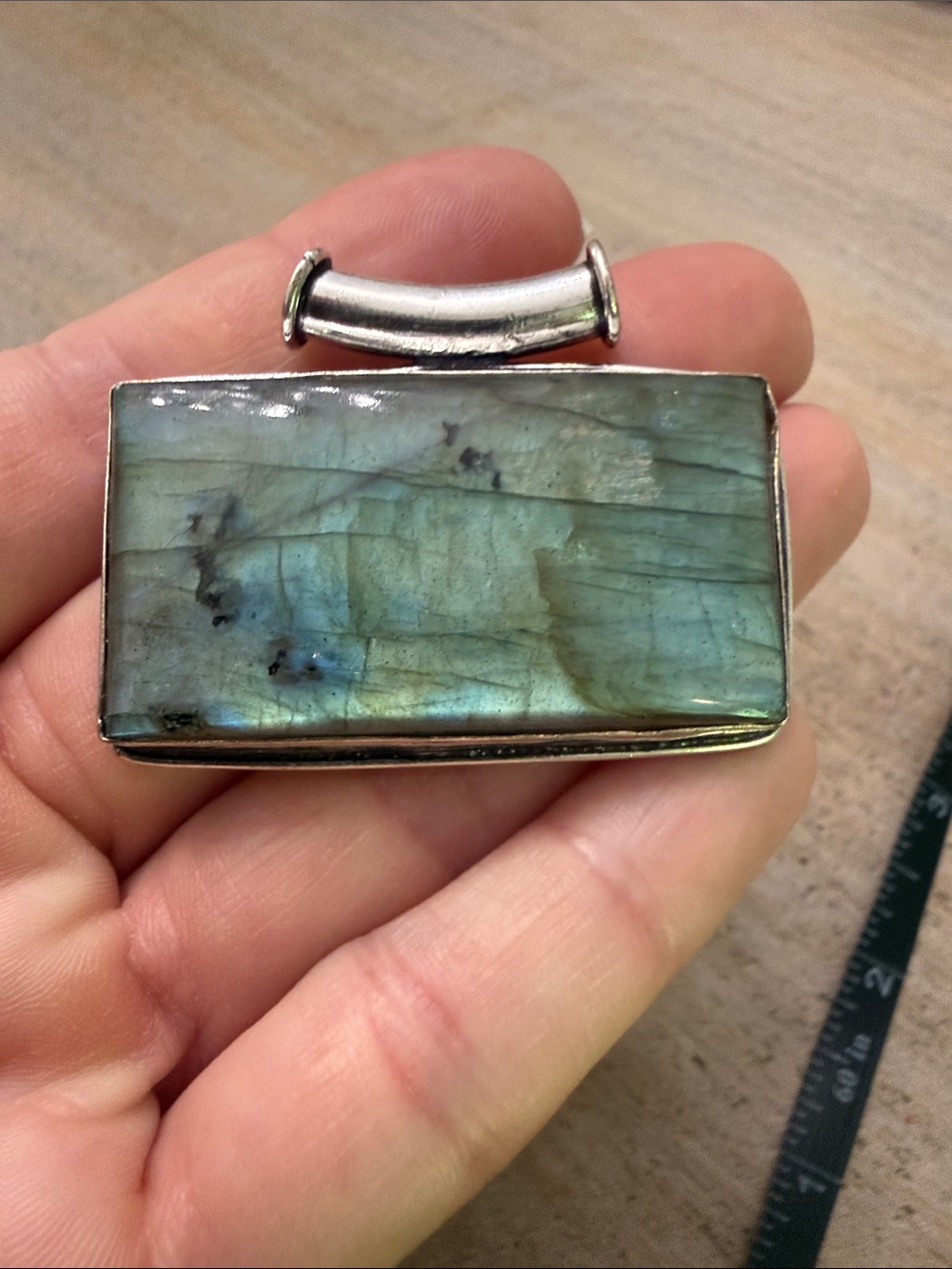 Rectangular Labradorite Pendant in Blue-Green Iridescence - Picture 4 of 4